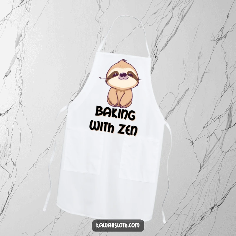 Funny serene sloth apron depicting a sloth with a peaceful expression enjoying a gentle breeze, ideal for the kitchen.