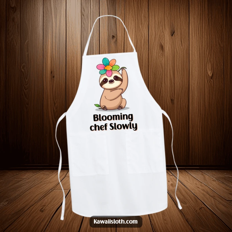 Funny flower sloth apron, depicting a sloth balancing a flower on its head, bringing elegance and humor to cooking.