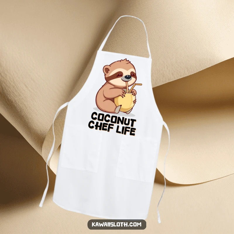 Funny apron depicting a sloth leisurely sipping from a coconut cup with a straw, perfect for adding a touch of tropical humor to cooking.