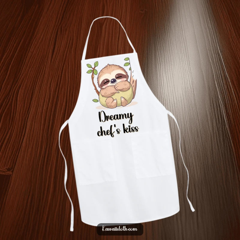 Funny apron featuring a sloth with dreamy eyes, hugging a soft pillow, perfect for adding a touch of cozy humor to cooking.