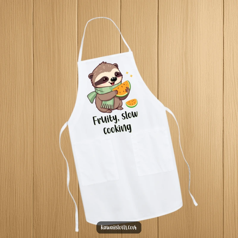 Funny apron showcasing a happy sloth wearing a scarf, enjoying fruit, perfect for kitchen fun and protecting clothes.