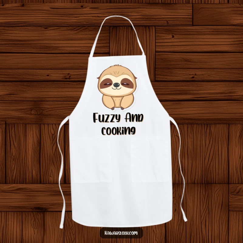 Funny blinking sloth apron, depicting a sloth slowly blinking with a warm glow, bringing comfort to the kitchen.