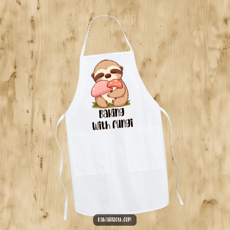 Funny content sloth apron showing a sloth hugging a mushroom with closed eyes, ideal for kitchen comfort and comical cooking.