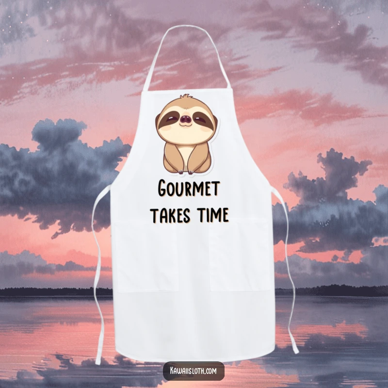 Funny Content Sloth Apron: a happy sloth with slow-blinking, wide eyes, ready for kitchen fun.