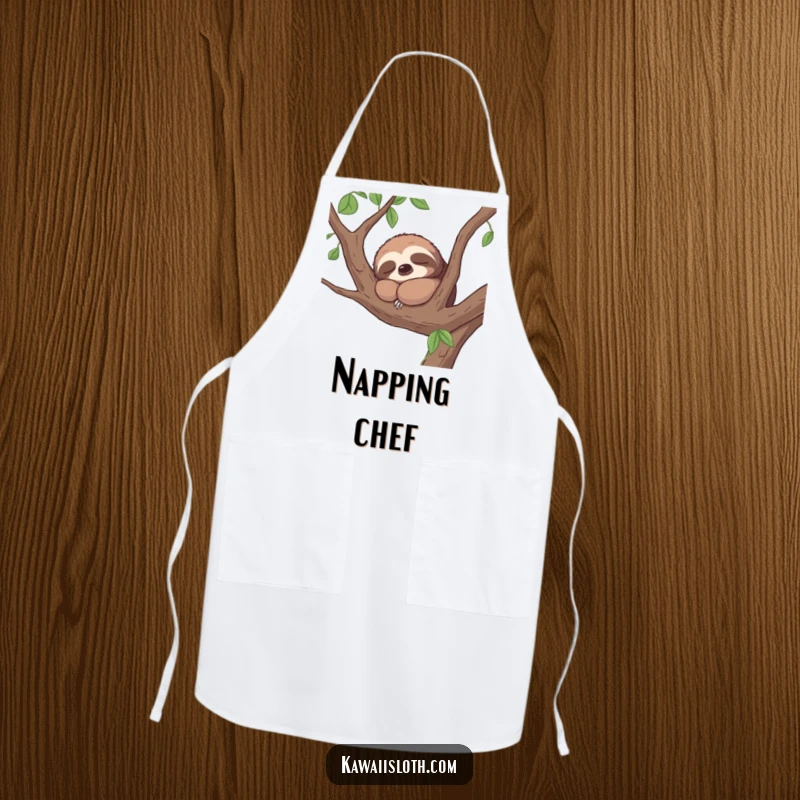 Funny apron showing a contented sloth napping peacefully on a tree branch, perfect for a humorous cook.