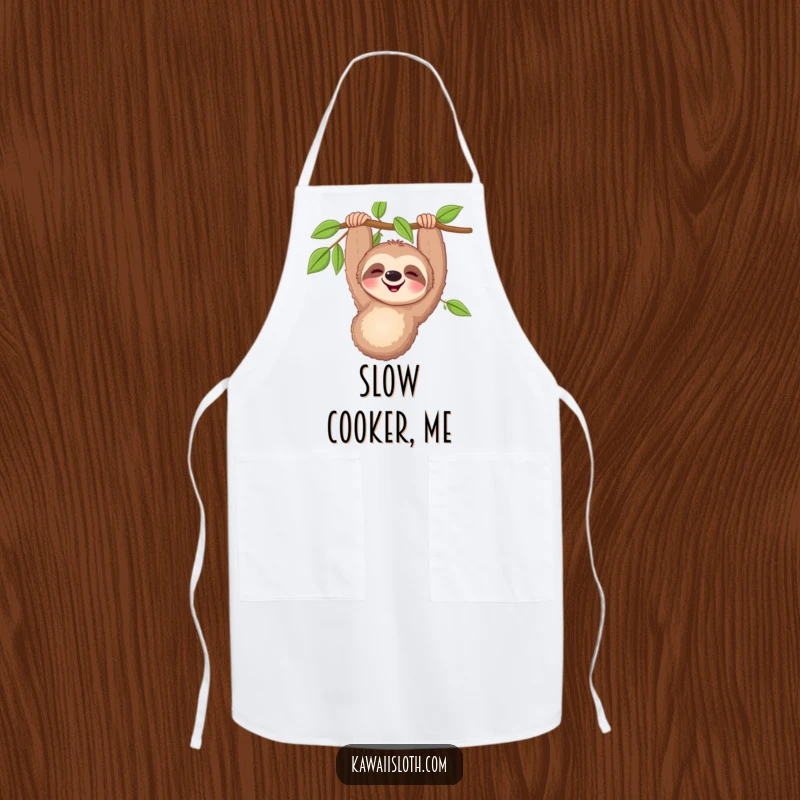 Funny happy sloth apron showing a smiling sloth hanging upside down, ideal for kitchen fun and comical culinary experiences.