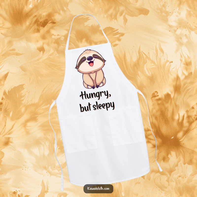 Funny apron showing a sloth playfully yawning with a subtle smile, perfect for relaxed kitchen moments.