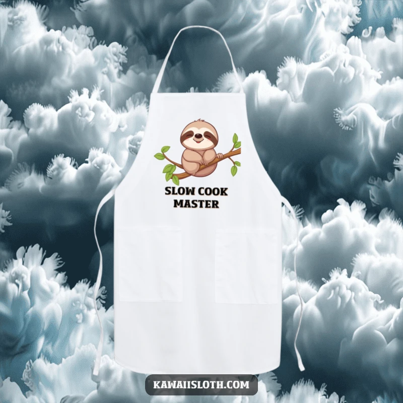 Funny apron depicting a sloth with a relaxed smile, gently swaying on a branch, perfect for adding a touch of humor to cooking.