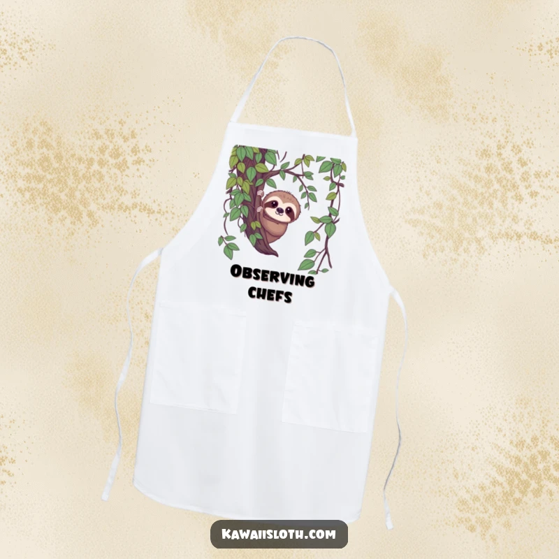 Funny shy sloth apron, sloth peeking from vines with a gentle gaze, humorous kitchen accessory, great funny gift.