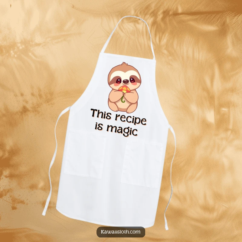 Funny Apron showing a sloth holding a tiny, glowing mushroom, perfect for cooks who enjoy whimsical humor and magical themes.