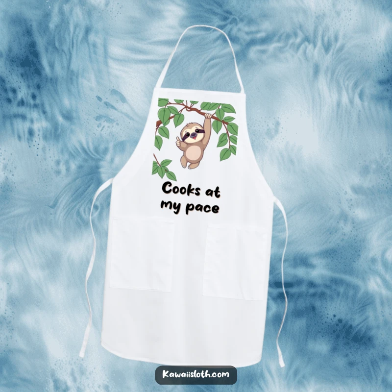 Funny apron showcasing a sloth playfully dangling from a vine, giving a thumbs up with a relaxed and cheerful kitchen vibe.