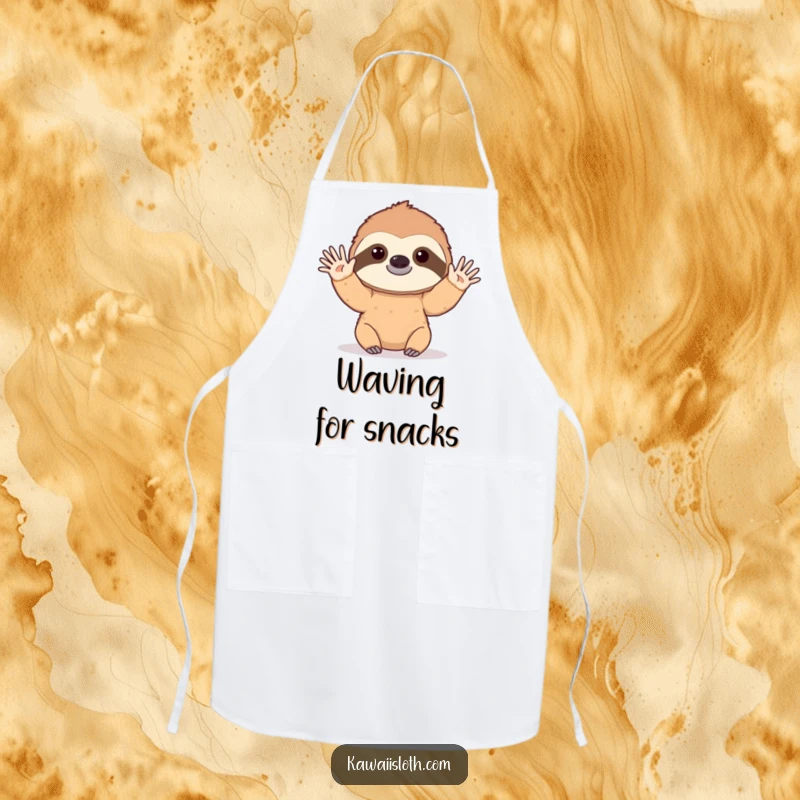 Funny apron with a sloth slowly waving hello with a gentle, drawn-out motion, perfect for kitchen humor and protection.