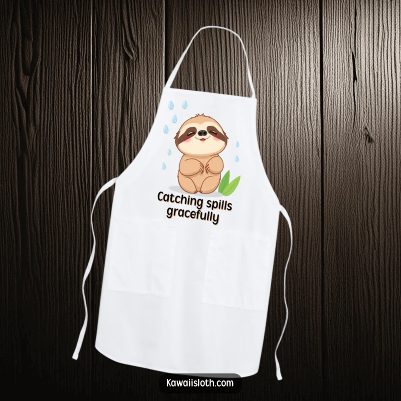 Funny apron with a sloth attempting to catch falling raindrops with a slow, happy smile, perfect for kitchen humor and protection.