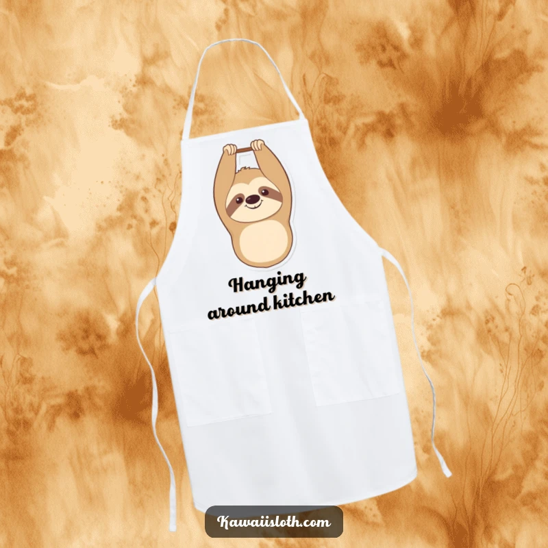 Funny apron with a smiling sloth hanging upside down, designed for kitchen fun and protection with a humorous touch.
