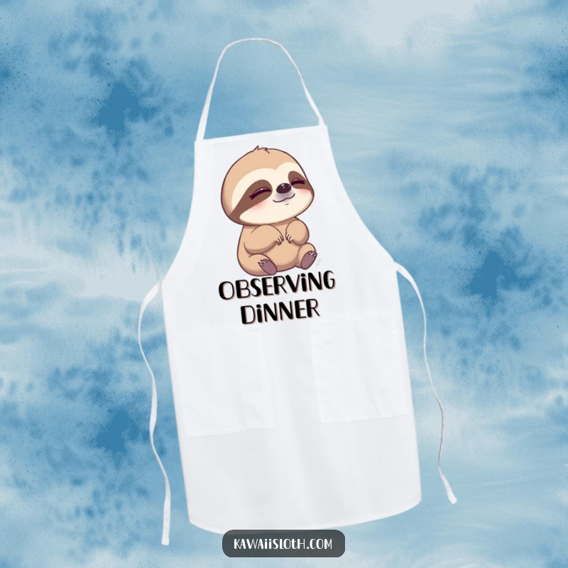 Funny apron featuring a sloth slowly blinking, adding peaceful humor to kitchen tasks.