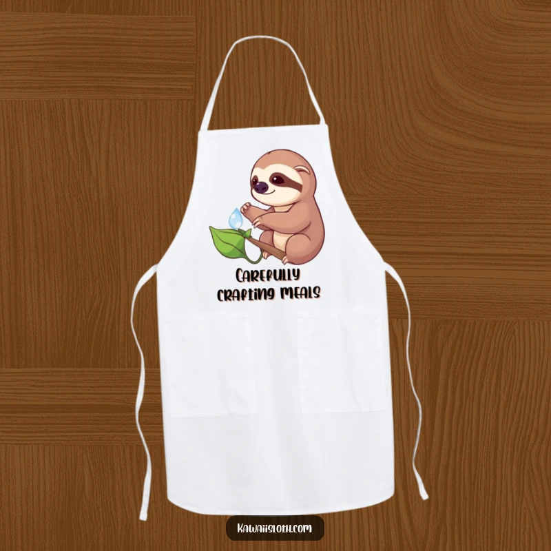 Funny kitchen apron illustrating a sloth carefully reaching for a dewdrop on a leaf, ideal for cooking with a humorous and gentle touch.