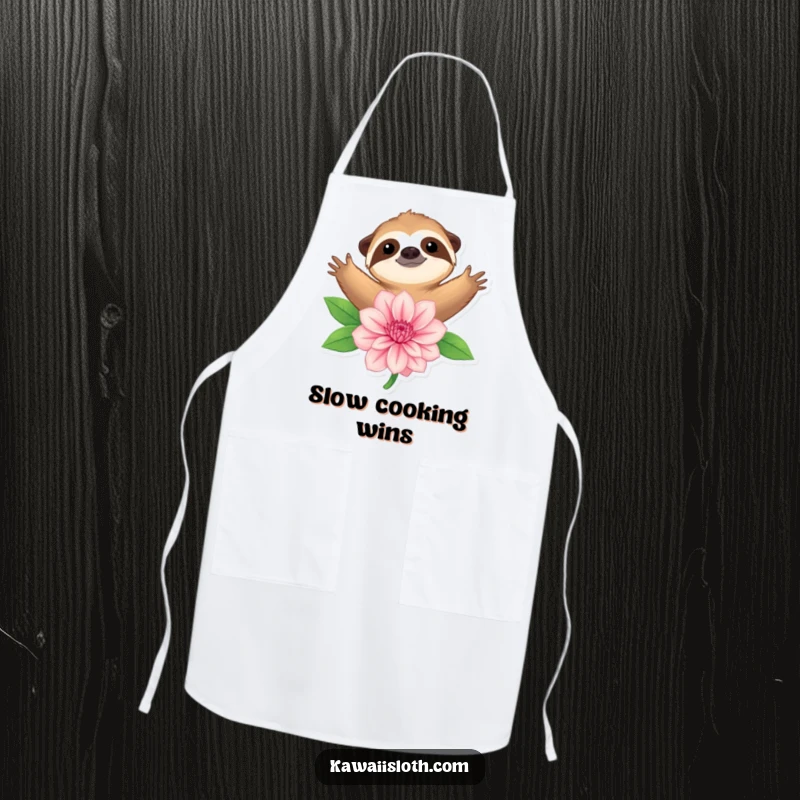 Funny apron showing a sloth with arms outstretched, giving a large flower a warm, gentle embrace in the kitchen.