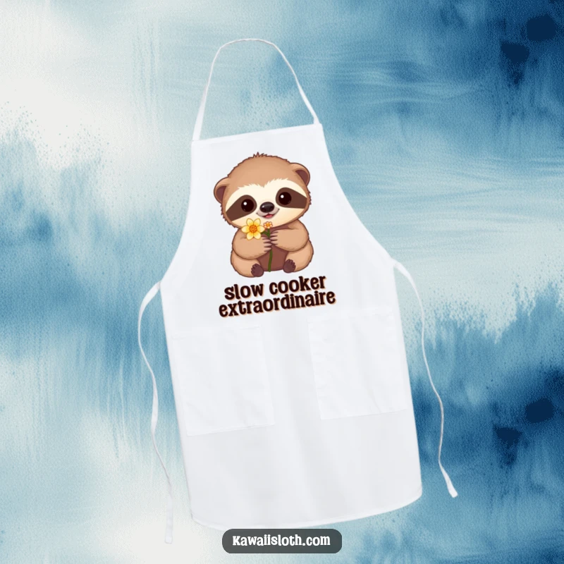 Funny apron with a sloth carefully holding a flower, ideal for chefs who enjoy a touch of humor while cooking.
