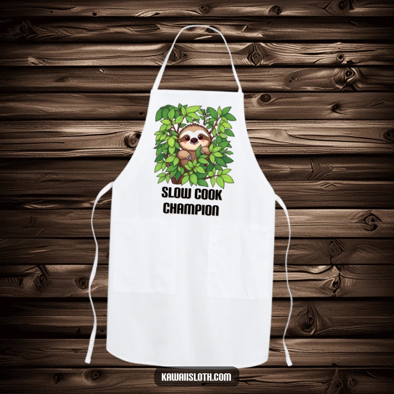 Funny apron with a sloth peeking from abundant green foliage with a hint of a smile, adding humor to cooking.