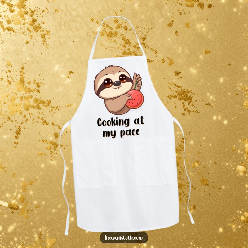 Funny Apron: A sloth with oversized eyes slowly reaches for a juicy hanging fruit, protecting your outfit with patience.