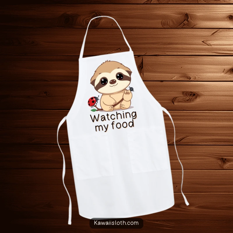 Funny kitchen apron illustrating a sloth with dreamy eyes watching a ladybug, ideal for cooking with a humorous and gentle touch.