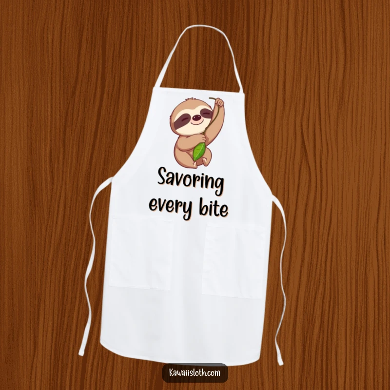 Funny apron showing a smiling sloth reaching slowly for a leaf, ideal for kitchen use with a humorous touch.