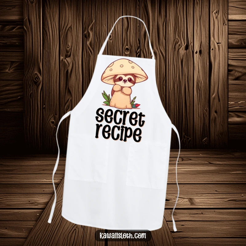 Funny apron with a sloth playfully peeking from behind a mushroom, bringing playful woodland charm to the kitchen. A great gift.