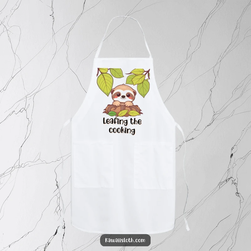 Funny apron with a smiling sloth peeking from leaves, bringing a cheerful and humorous touch to kitchen activities.