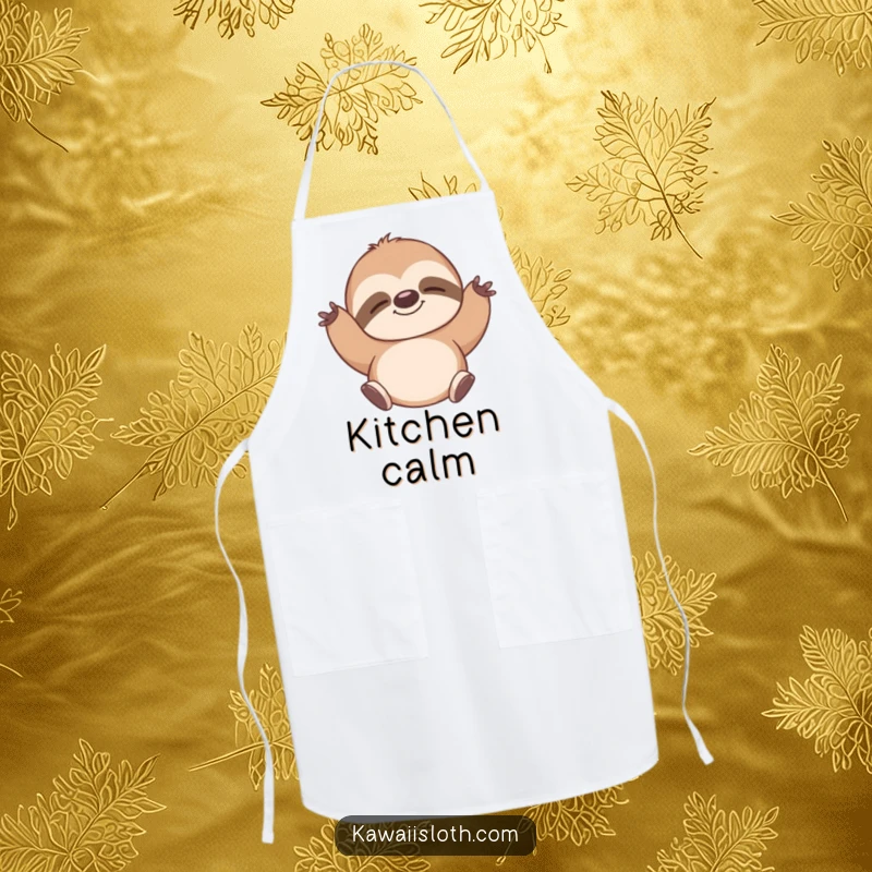 Funny apron with a sloth stretching contentedly with a peaceful smile, perfect for relaxed kitchen activities. A great gift.