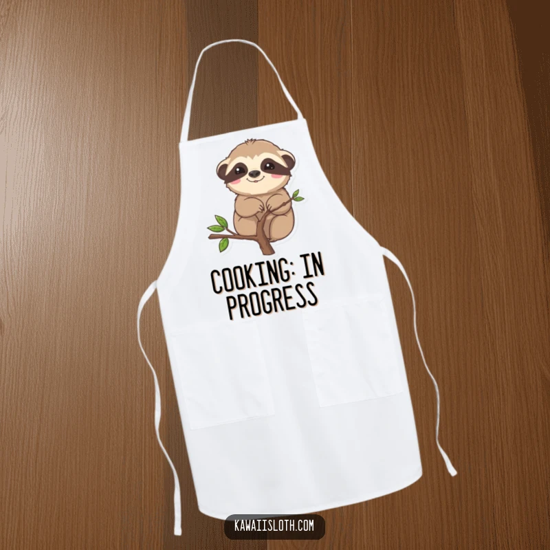 Funny apron depicting a sloth comically stuck on a branch, bringing humor to the kitchen.