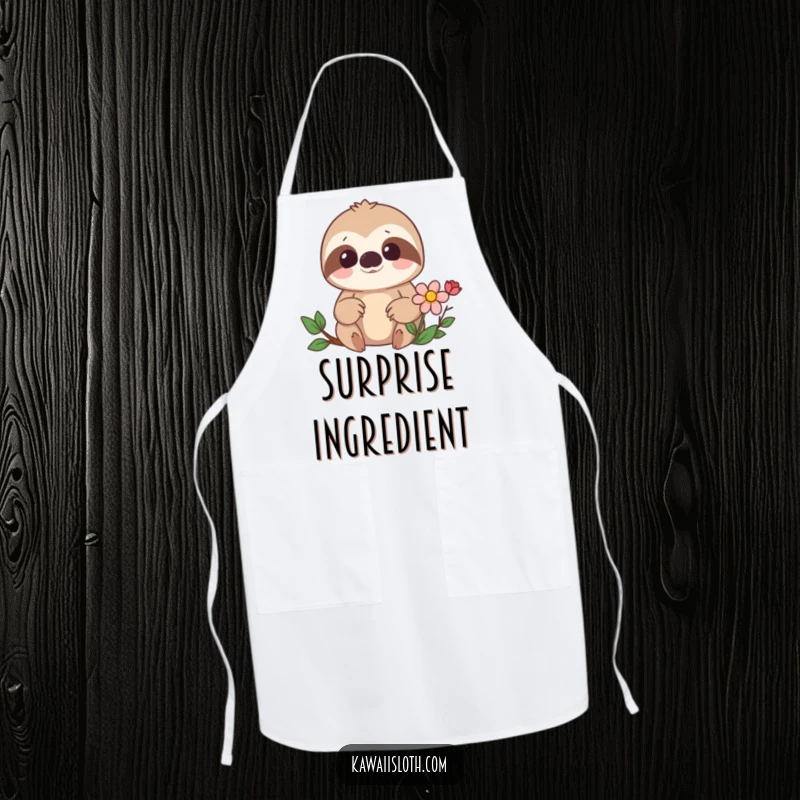 Funny apron featuring a surprised sloth discovering a hidden flower while cooking, adding humor to the kitchen. A great gift.