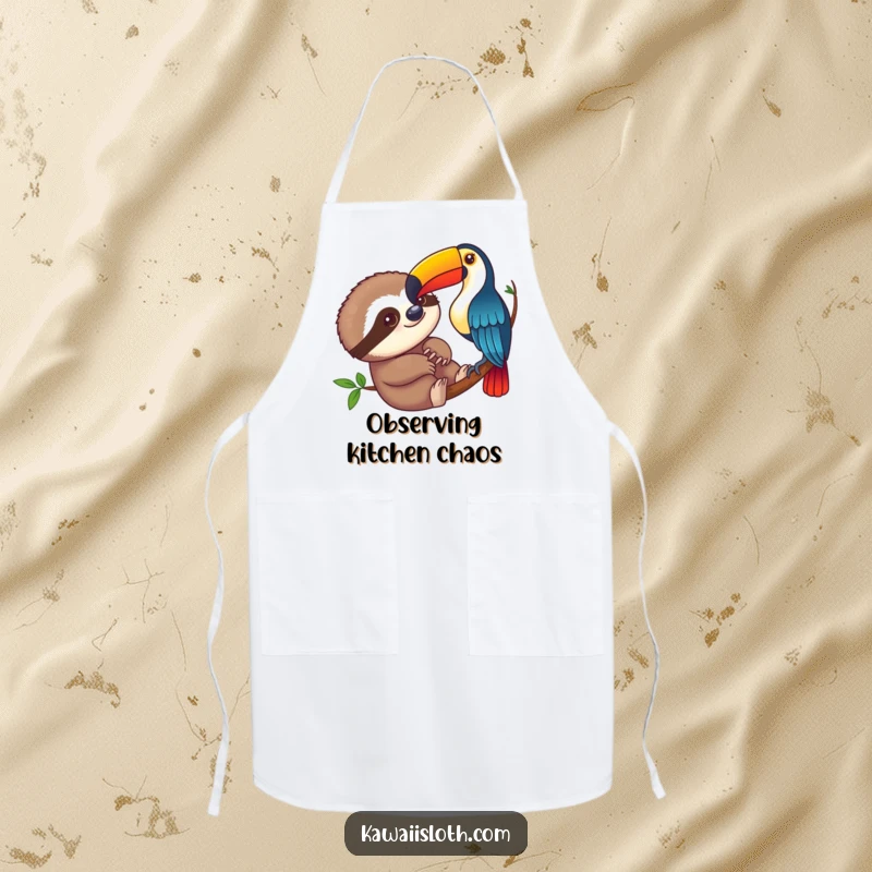 Funny sloth curiously observing a colorful toucan on an apron, a comical kitchen accessory for cooking enthusiasts.