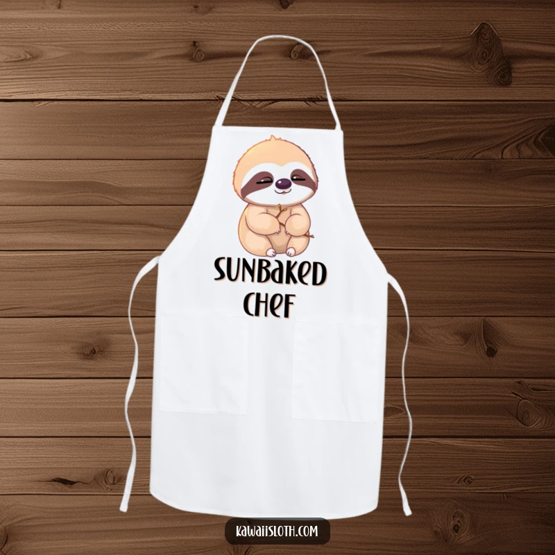 Funny sloth apron, sloth with twigs in fur, slowly blinking in sunlight, humorous kitchen accessory, great funny gift.