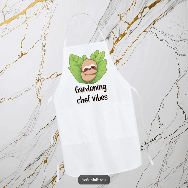 Funny apron showing a sloth happily hugging a plant. Great for gardening humor and plant lovers, a wonderful funny gift.
