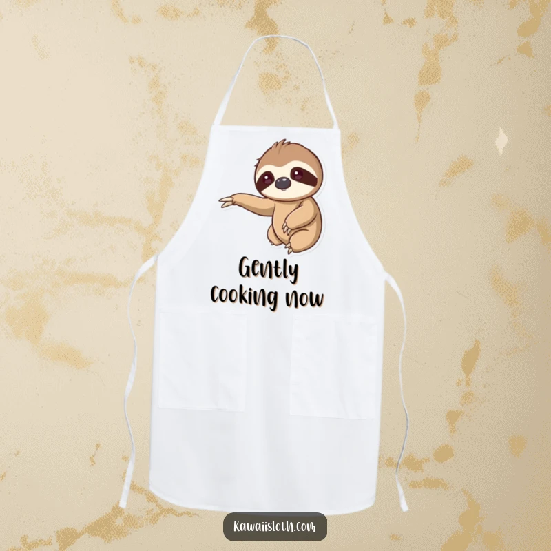 Kawaii sloth apron, cooking attire, reaching out arm, gentle hug, slow living, adorable kitchen accessory, cute gift.