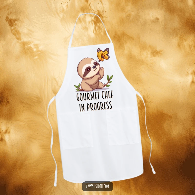 Funny Apron showing a sloth slowly nodding, watching a butterfly, perfect for chefs who appreciate humor and a relaxed cooking experience.
