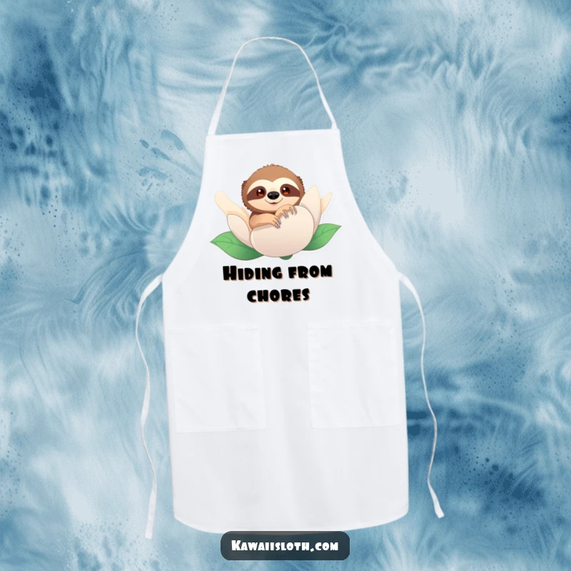 Funny apron with a sloth peeking from behind a flower bud. Adds kitchen humor and a surprise element, a great funny gift.