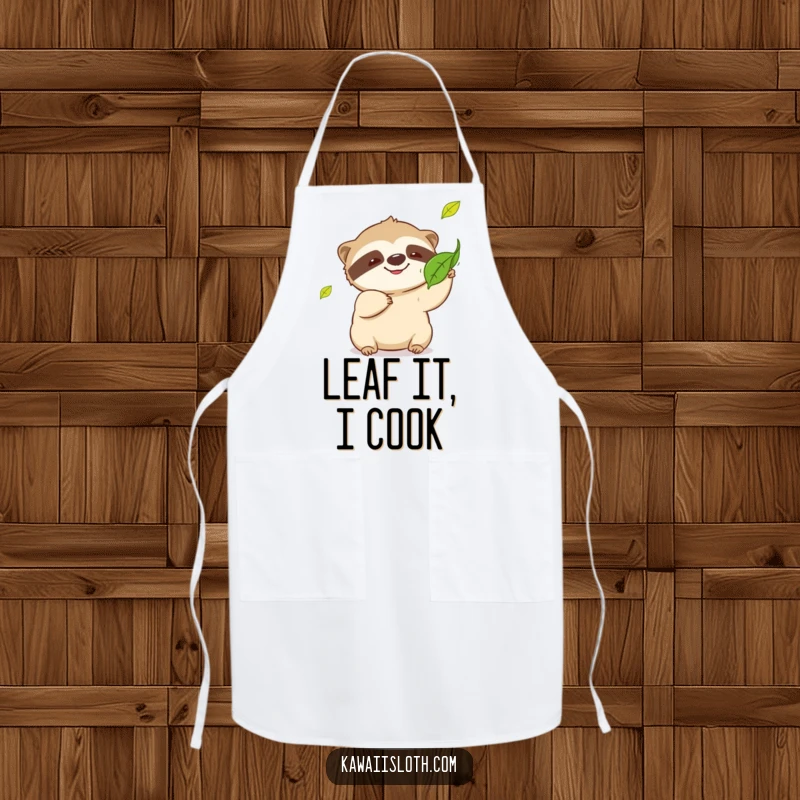 Funny sloth apron, playful sloth grinning, hilariously attempting to catch a falling leaf, humorous kitchenware, great funny gift.