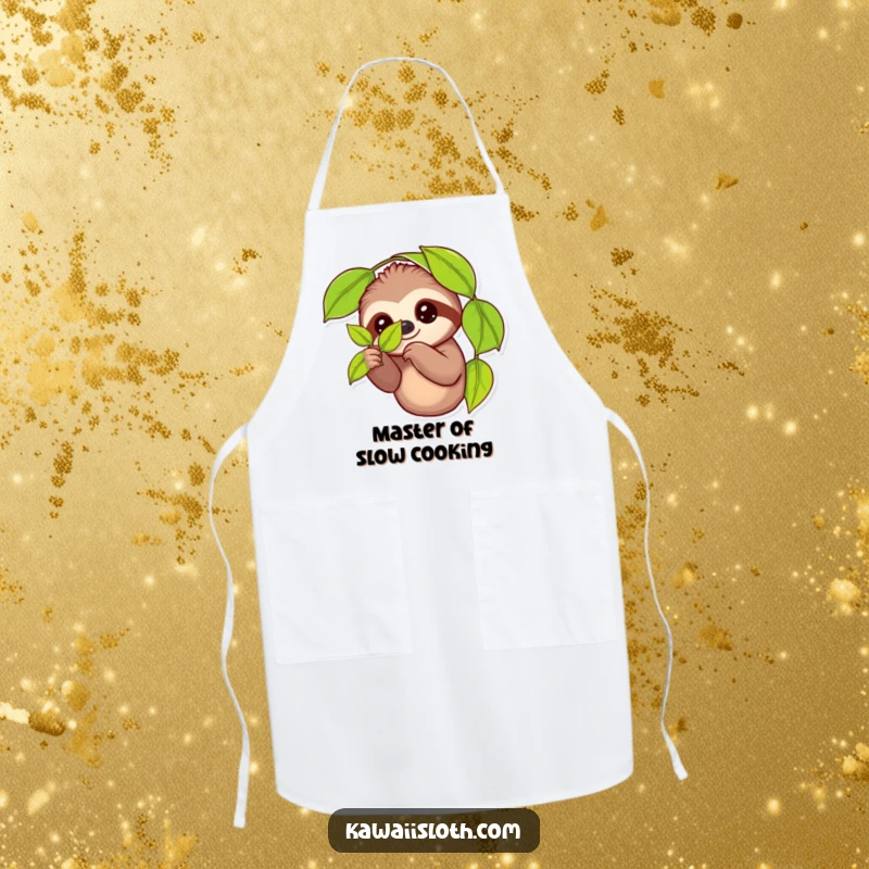 Funny kitchen apron featuring a smiling sloth holding a leaf, perfect for chefs who enjoy cooking with a side of humor and lightheartedness.