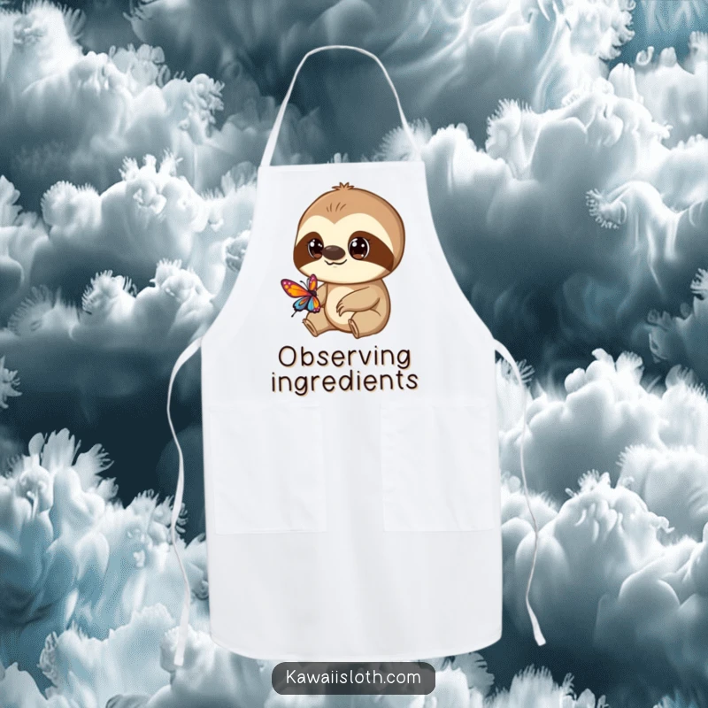 Funny apron showing a curious sloth with wide eyes watching a butterfly, designed for kitchen tasks with a humorous touch.