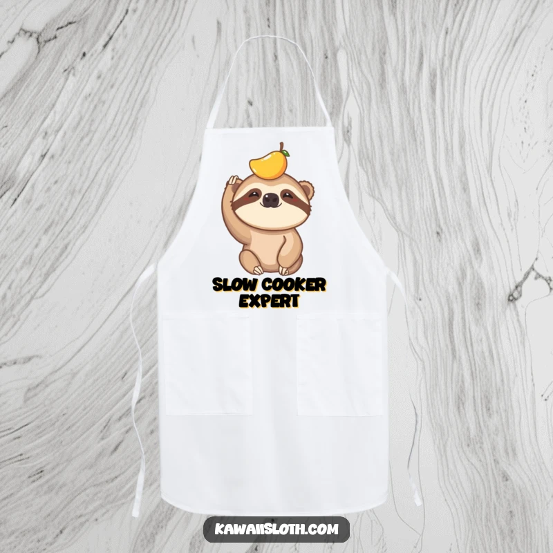 Funny apron featuring a sloth with a piece of fruit humorously balanced on its head, ideal for kitchen fun.