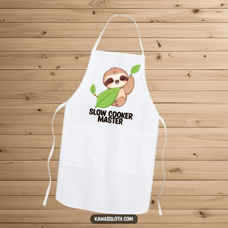 Funny apron with a cute sloth in a slow, deliberate motion reaching for a leaf, perfect for kitchen humor and protection.