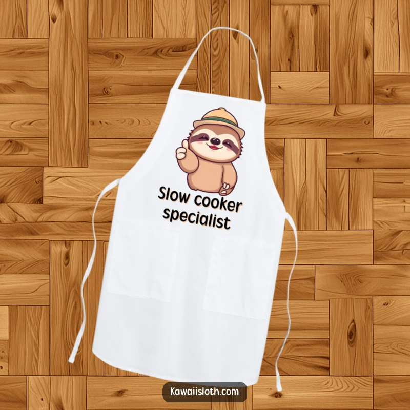 Funny apron showcasing a lazy sloth in a tiny hat, giving a relaxed thumbs up, perfect for a kitchen with a sense of humor.