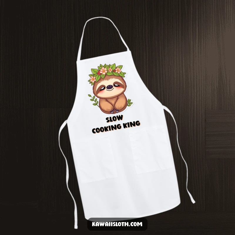 Funny sloth apron showing a sloth wearing a leafy crown with a peaceful expression, ideal for kitchen protection and natural humor.