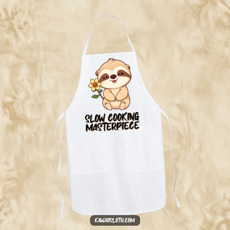 Funny happy sloth with a flower behind its ear waving slowly featured on a chef's apron, adding a relaxed and humorous touch to cooking.