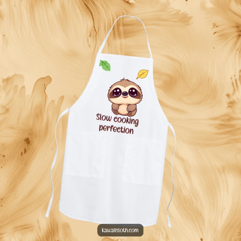 Funny apron with a sloth sporting big, kind eyes, watching a leaf fall, ideal for a humorous kitchen or cook.