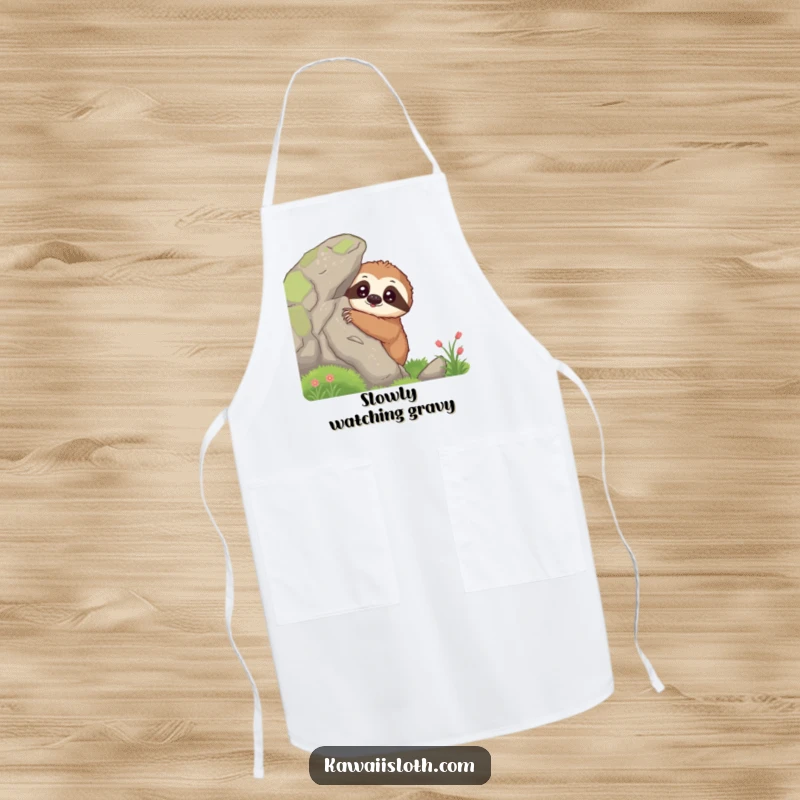 Funny curious sloth apron showing a sloth peeking from behind a mossy rock, ideal for comical cooking and kitchen observation.