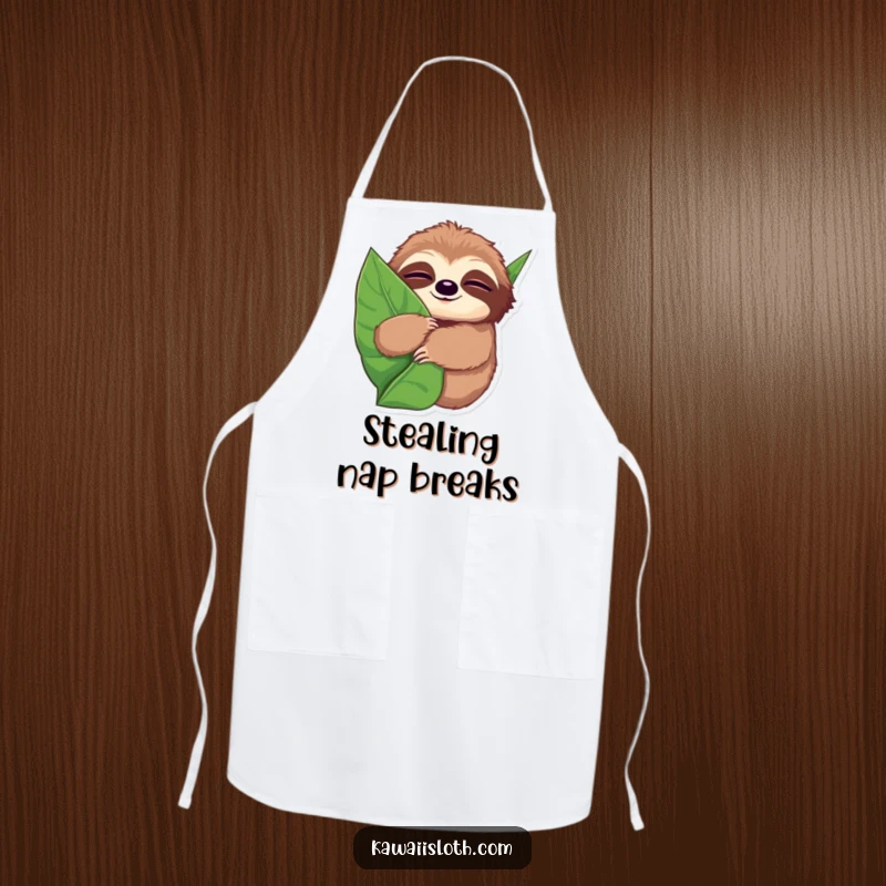 Funny apron showcasing a sloth with wide, sleepy eyes, hugging a giant leaf with a serene and comfortable kitchen vibe.