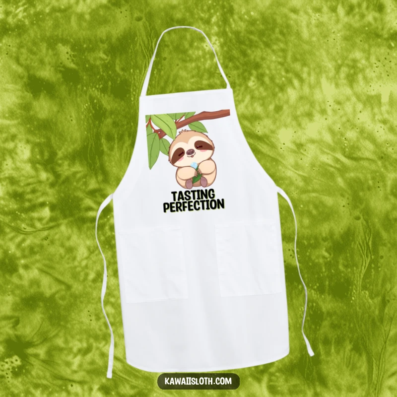 Funny sloth apron, tiny smile sloth enjoying a dewdrop on a leaf, humorous kitchen accessory, great funny gift.