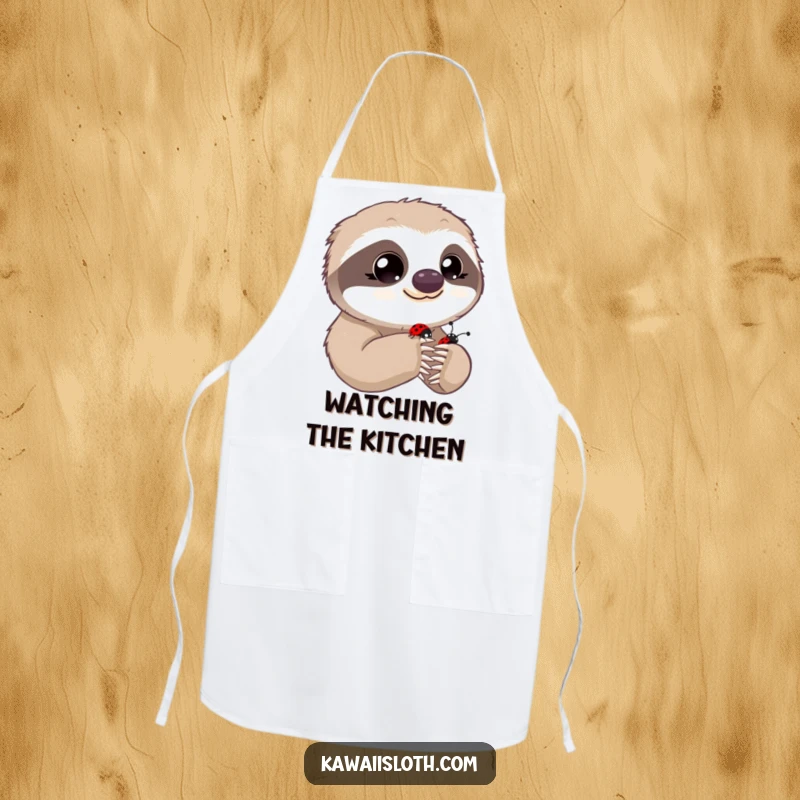 Funny apron showing a sloth with innocent eyes observing a ladybug on its paw, perfect for a humorous cook.
